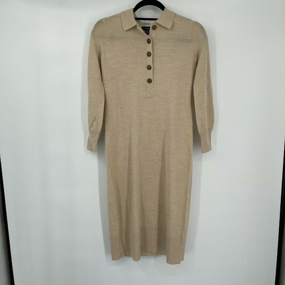 J. Crew NEW WITH TAGS Wool Midi Collared Sweater Dress Beige Tan Button XXS 00